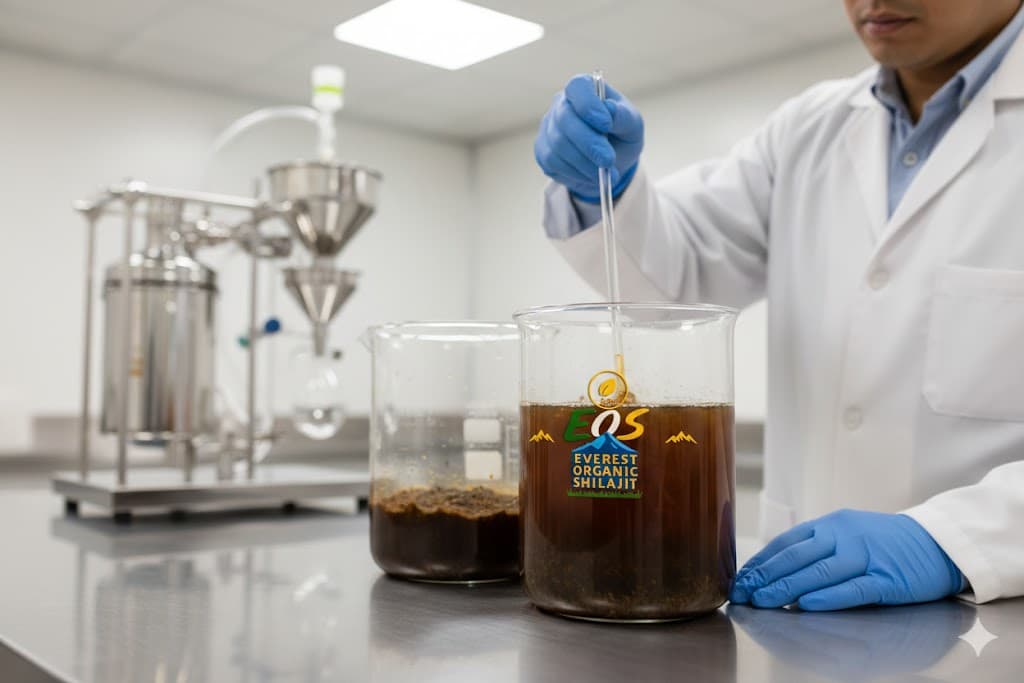 Raw Shilajit being dissolved and filtered using purified water in a controlled environment.