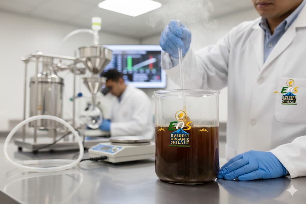 Gentle heating and scientific purification process of Shilajit in a modern lab.